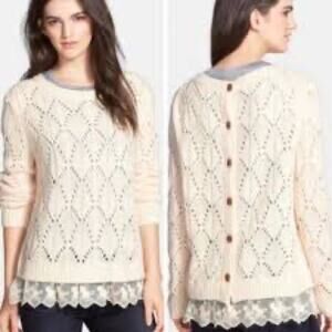 Hinge Button Back Lace Trim Sweater